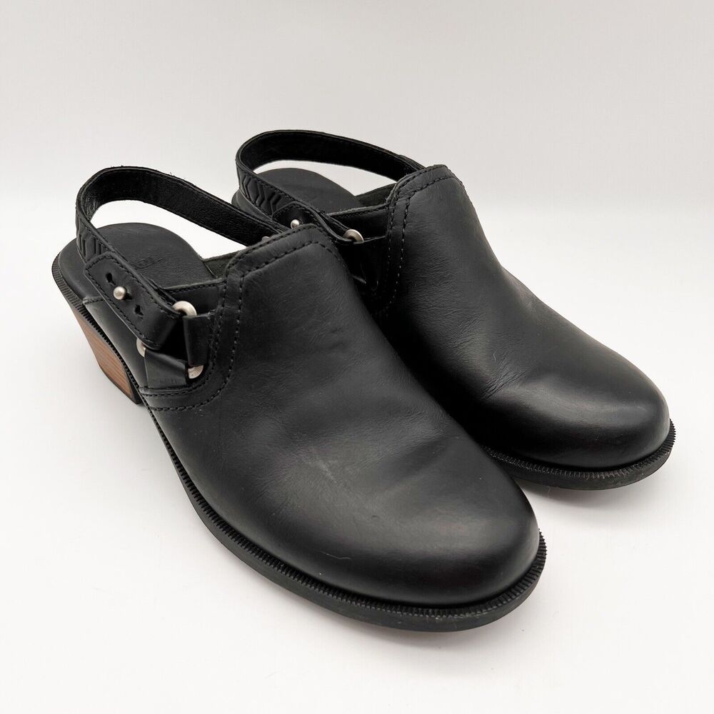 TEVA Foxy Black Leather Adjustable Slingback Mid Block Heel Clogs Women’s 7.5 - Picture 2 of 12